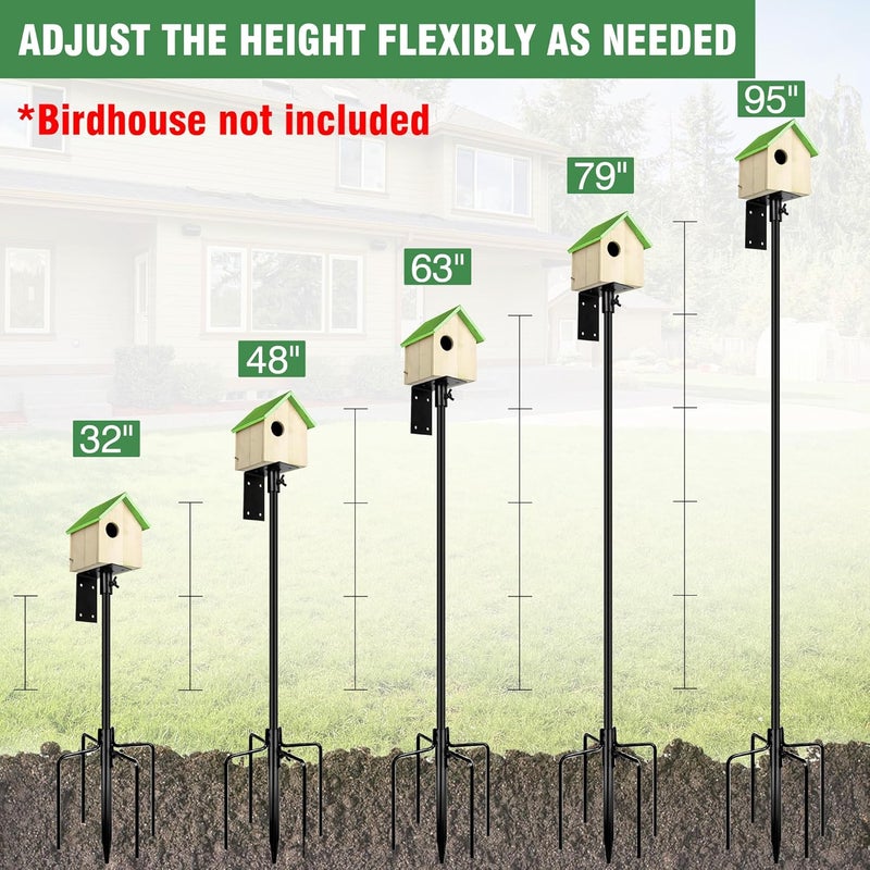 YINGYM Bird House Pole, 95 Inch Heavy Duty Bird Feeder Pole Mount Kit for Outdoors, Adjustable Bird Feeding Stand, with 2-Hooks, 5-Prong Base for Birds Watching - Image 2
